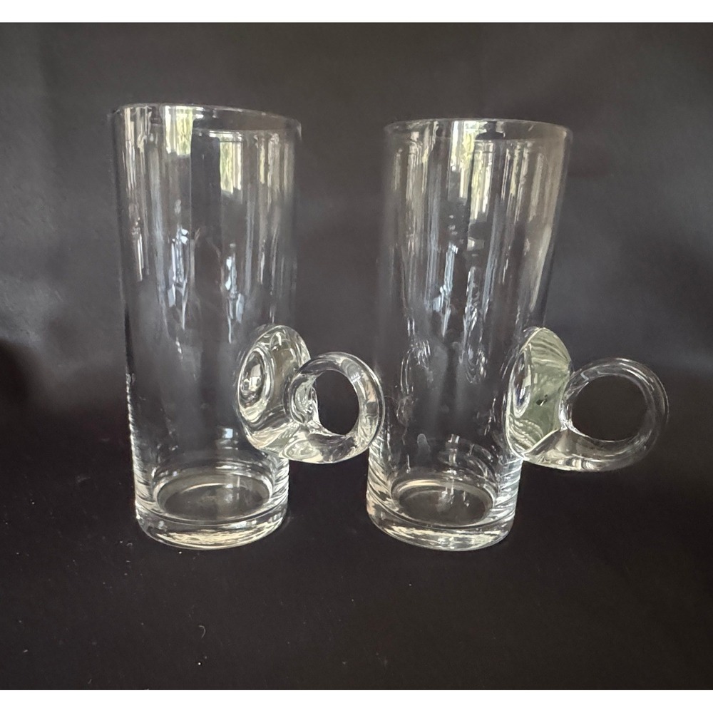 Vintage Clear Glass Coffee Mugs Set of 2 Tall Round Loop Handle Latte Cups